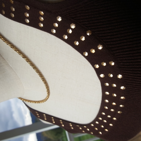 POINTELLE ♡ Vintage Brown Silk Ribbed Gold Rivet Scoop Neck Sleeveless Top S - Picture 12 of 14